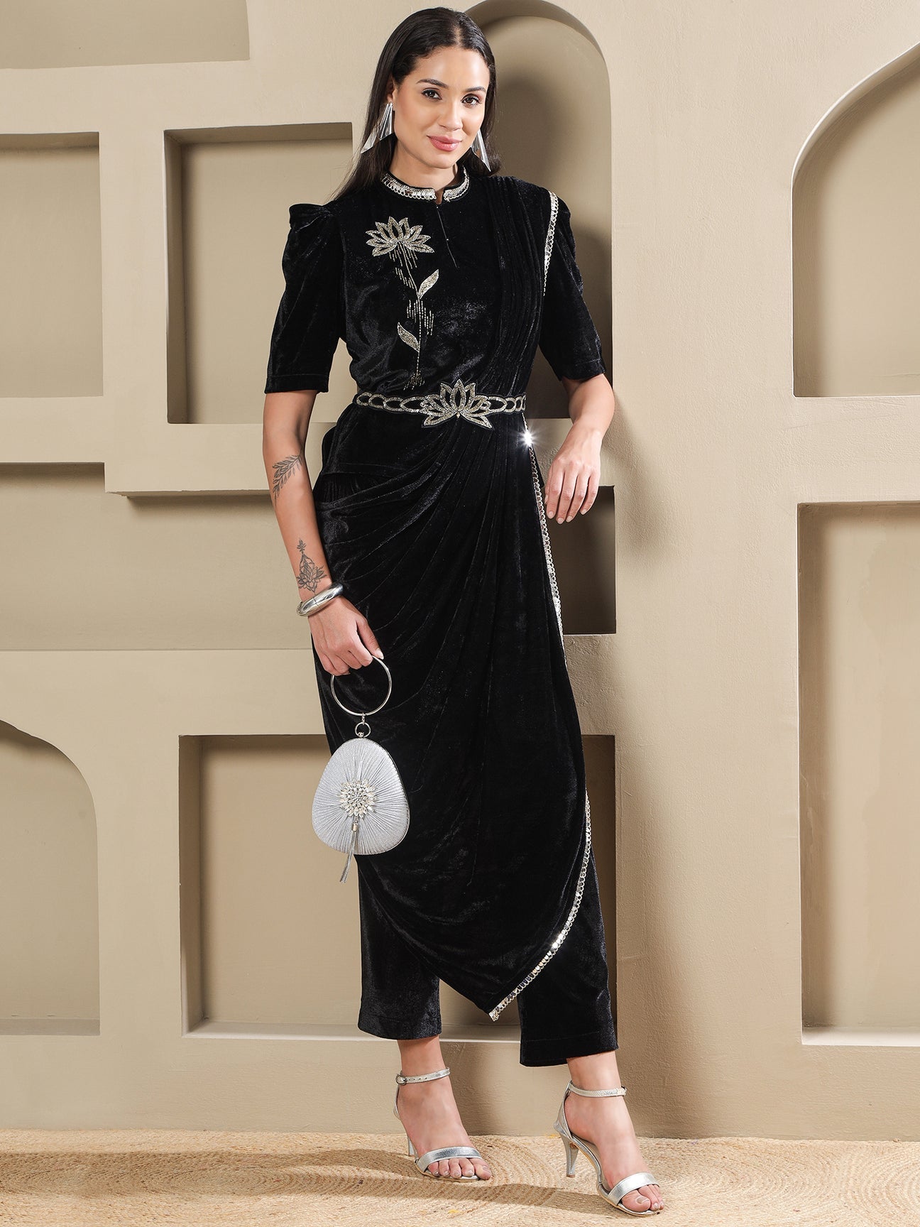 Designer Partywear Black Velvet 3-Piece Lotus Embroidered Co-Ord Set with Draped Pant