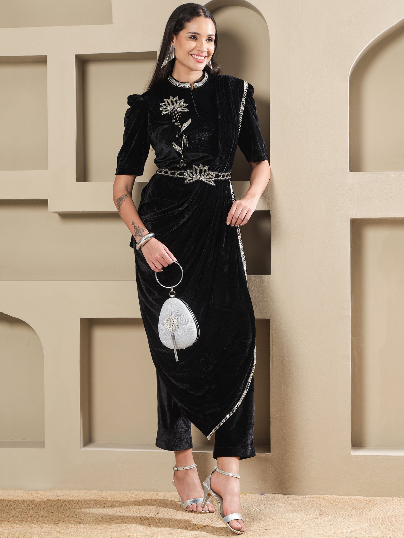 Designer Partywear Black Velvet 3-Piece Lotus Embroidered Co-Ord Set with Draped Pant