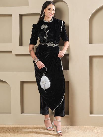 Designer Partywear Black Velvet 3-Piece Lotus Embroidered Co-Ord Set with Draped Pant