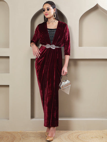 Designer Partywear Maroon Velvet Overlap Gown with Embellished Inner & Waist Belt