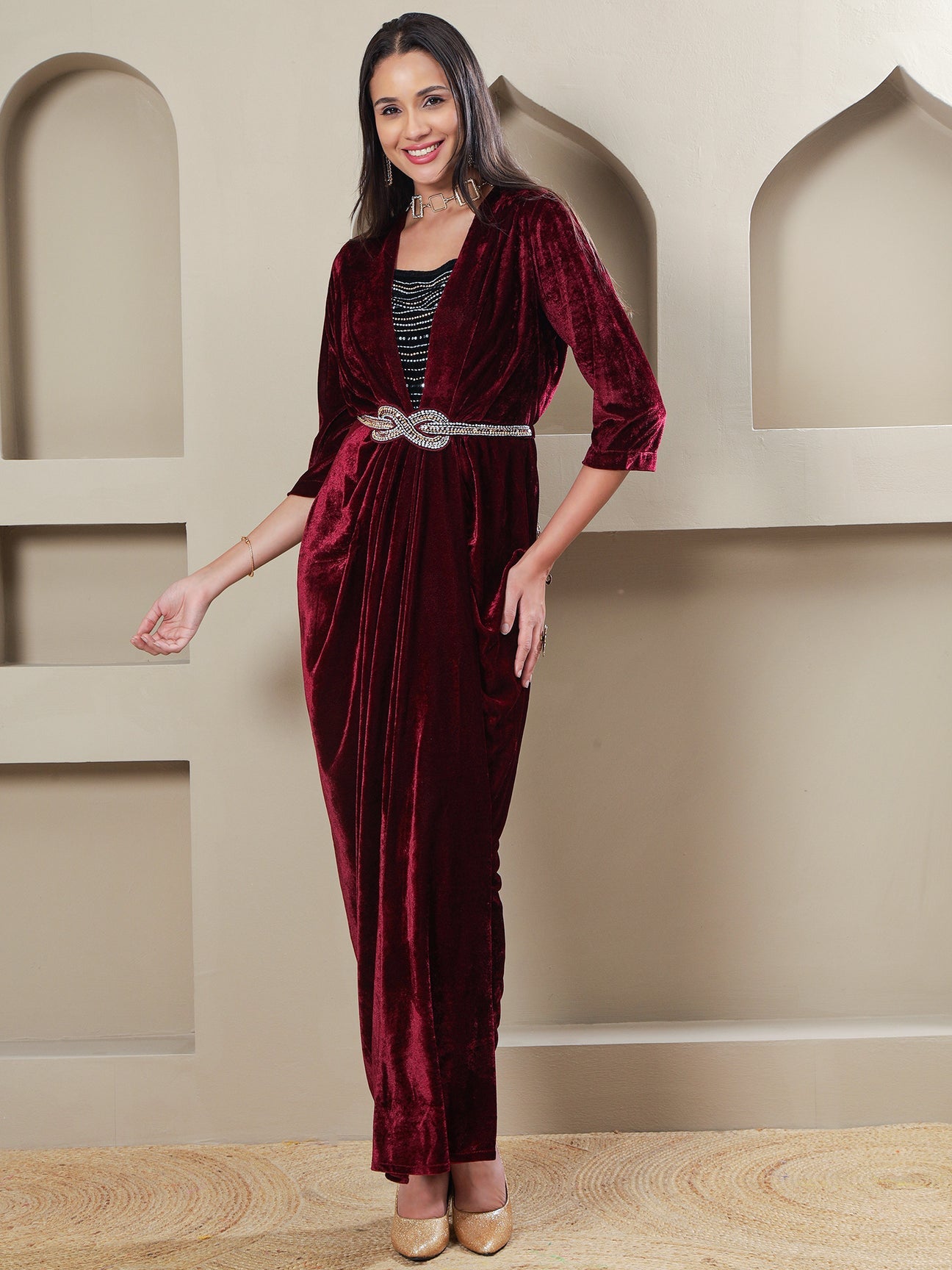 Designer Partywear Maroon Velvet Overlap Gown with Embellished Inner & Waist Belt