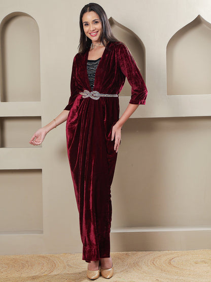 Designer Partywear Maroon Velvet Overlap Gown with Embellished Inner & Waist Belt