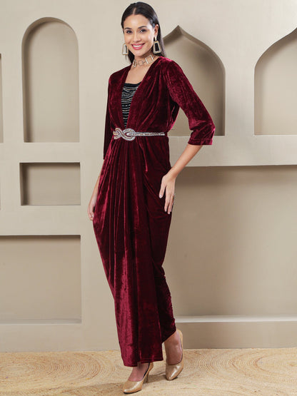 Designer Partywear Maroon Velvet Overlap Gown with Embellished Inner & Waist Belt