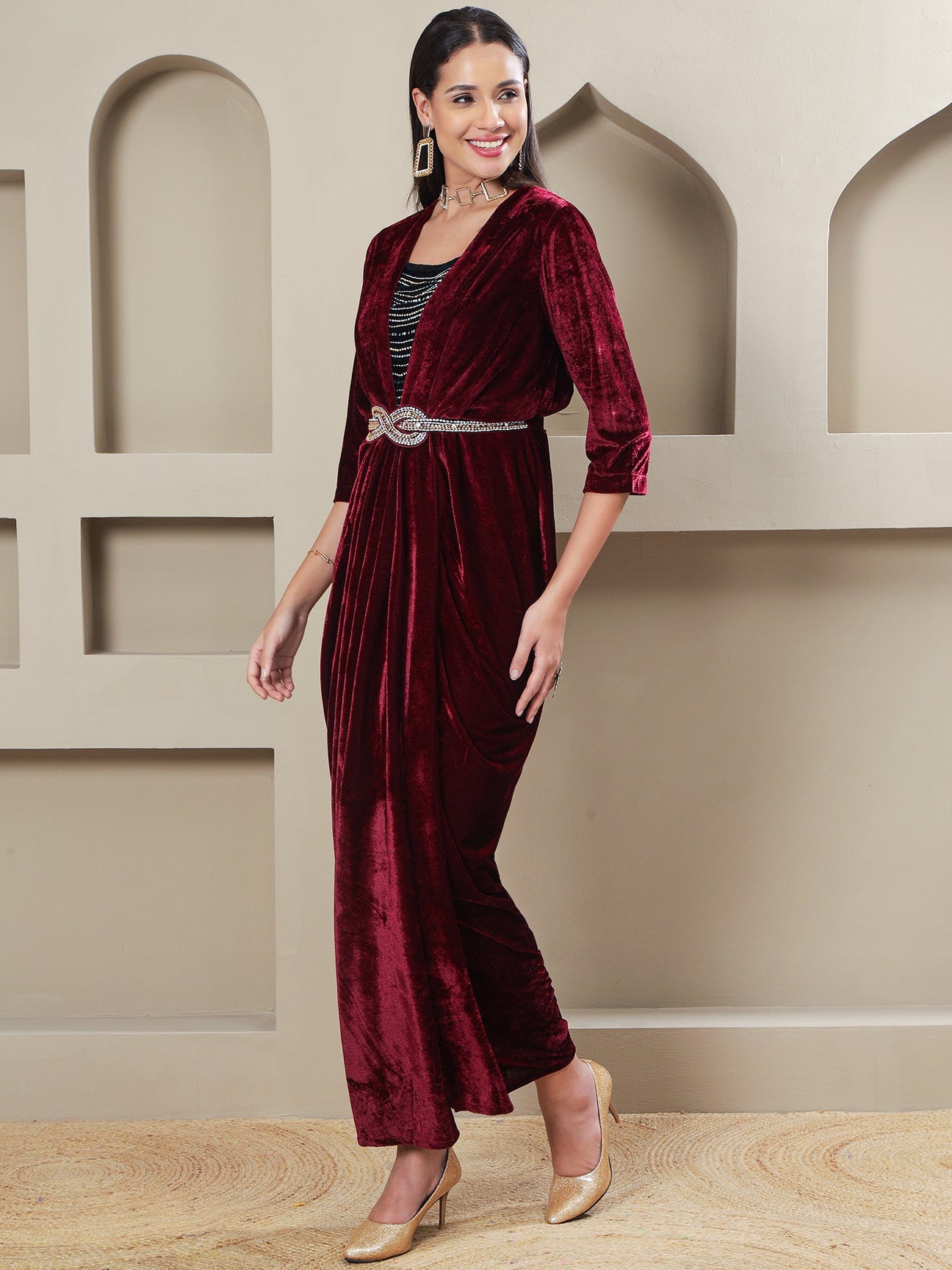 Designer Partywear Maroon Velvet Overlap Gown with Embellished Inner & Waist Belt
