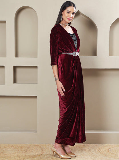 Designer Partywear Maroon Velvet Overlap Gown with Embellished Inner & Waist Belt