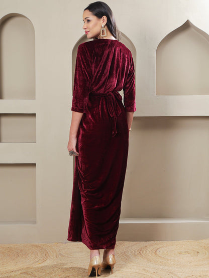 Designer Partywear Maroon Velvet Overlap Gown with Embellished Inner & Waist Belt