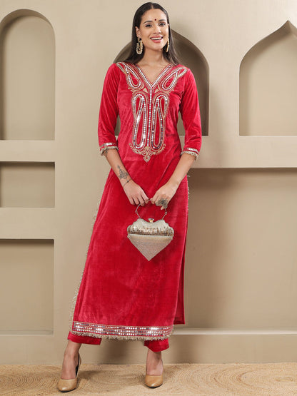 Designer Partywear Hot Pink Velvet Kurta and Pant Set with Hand Embellished Neckline