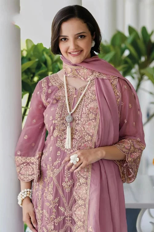 Mauve Organza Embroidered Pakistani Salwar Suit