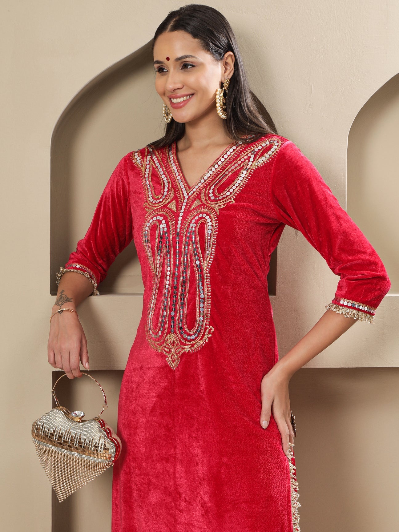 Designer Partywear Hot Pink Velvet Kurta and Pant Set with Hand Embellished Neckline