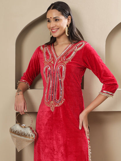 Designer Partywear Hot Pink Velvet Kurta and Pant Set with Hand Embellished Neckline
