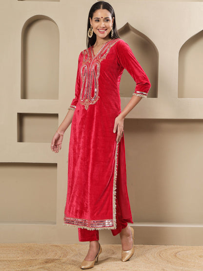 Designer Partywear Hot Pink Velvet Kurta and Pant Set with Hand Embellished Neckline