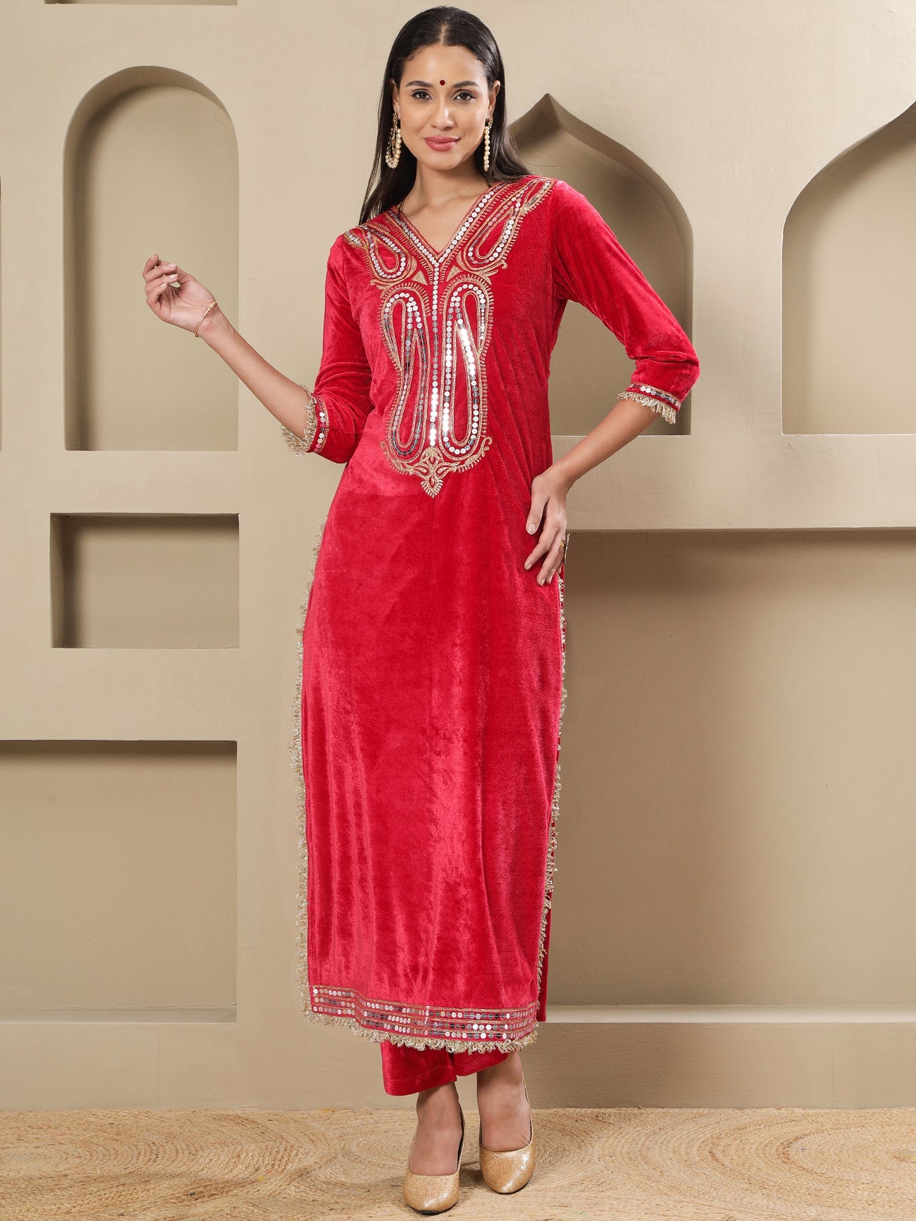 Designer Partywear Hot Pink Velvet Kurta and Pant Set with Hand Embellished Neckline