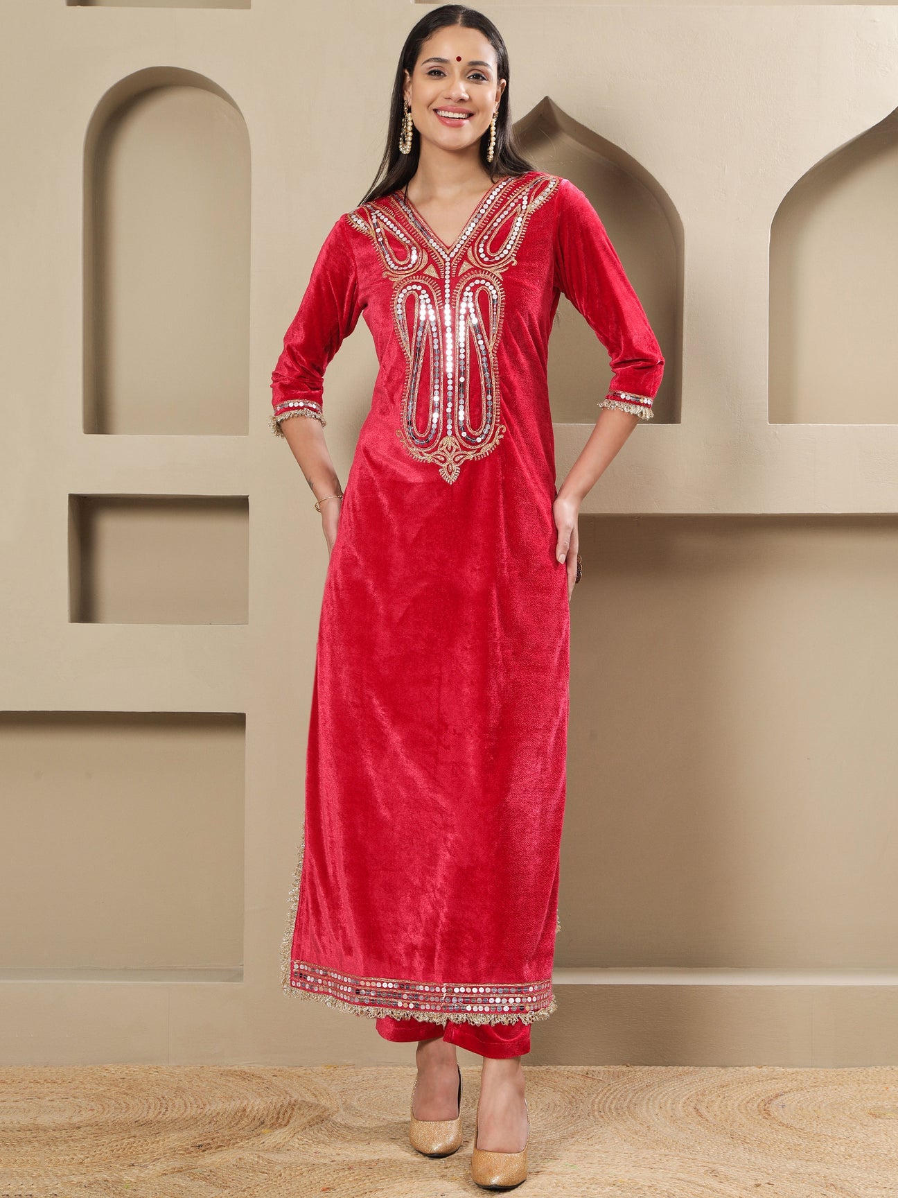 Designer Partywear Hot Pink Velvet Kurta and Pant Set with Hand Embellished Neckline