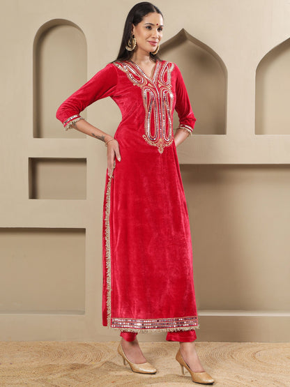 Designer Partywear Hot Pink Velvet Kurta and Pant Set with Hand Embellished Neckline