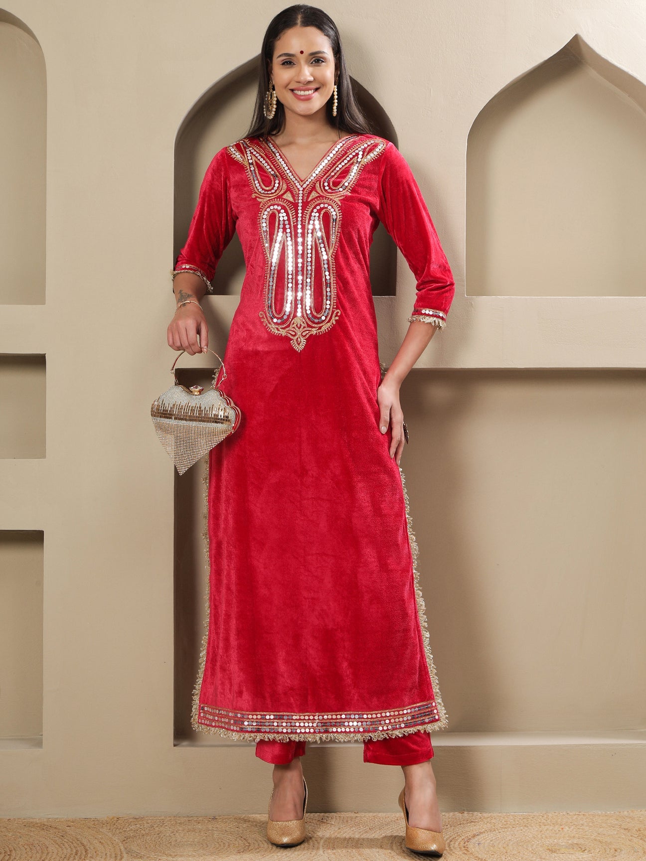Designer Partywear Hot Pink Velvet Kurta and Pant Set with Hand Embellished Neckline