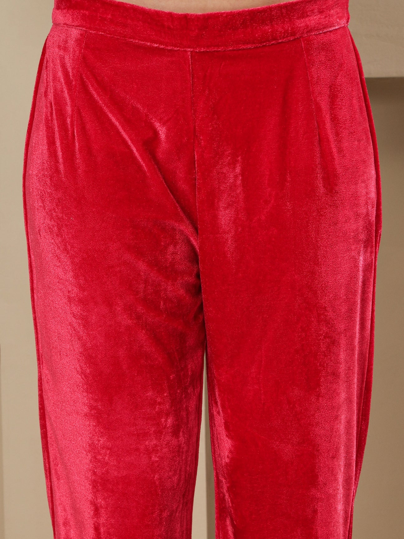 Designer Partywear Hot Pink Velvet Kurta and Pant Set with Hand Embellished Neckline