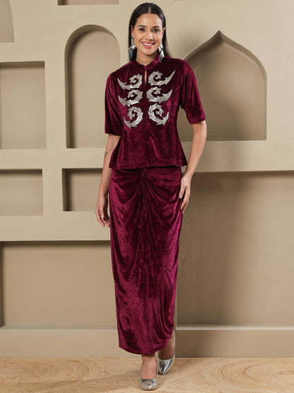 Designer Partywear Wine Velvet Hand-Embellished Top & Draped Knot Skirt Set