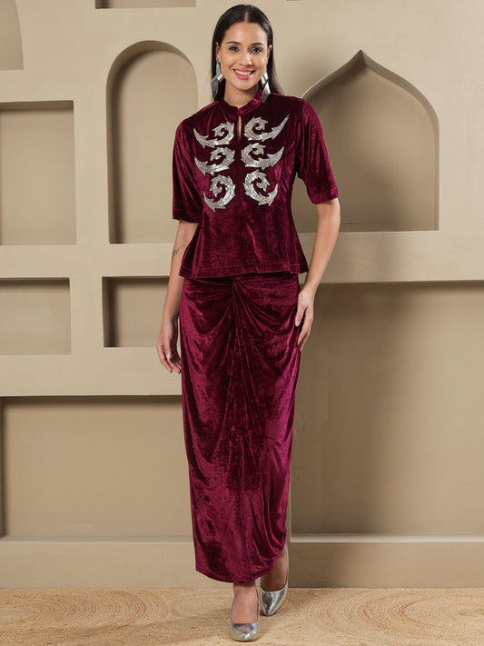 Designer Partywear Wine Velvet Hand-Embellished Top & Draped Knot Skirt Set