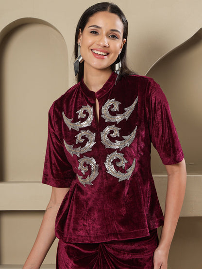 Designer Partywear Wine Velvet Hand-Embellished Top & Draped Knot Skirt Set