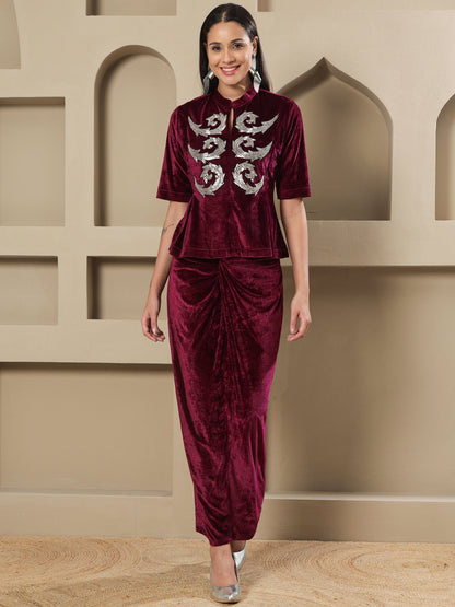 Designer Partywear Wine Velvet Hand-Embellished Top & Draped Knot Skirt Set