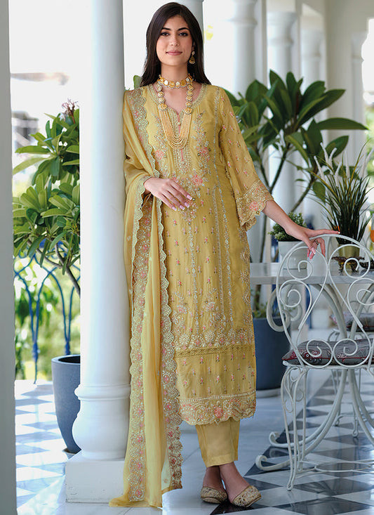 Yellow organza zari embroidered Pakistani Salwar Suit