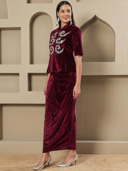 Designer Partywear Wine Velvet Hand-Embellished Top & Draped Knot Skirt Set