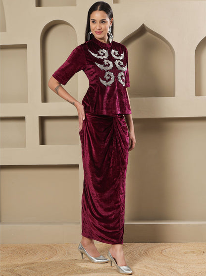 Designer Partywear Wine Velvet Hand-Embellished Top & Draped Knot Skirt Set