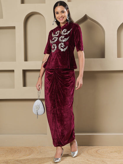 Designer Partywear Wine Velvet Hand-Embellished Top & Draped Knot Skirt Set