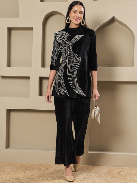 Designer Partywear Black Velvet Hand-Embellished Eagle Motif Shirt With Bell-Bottom Pants