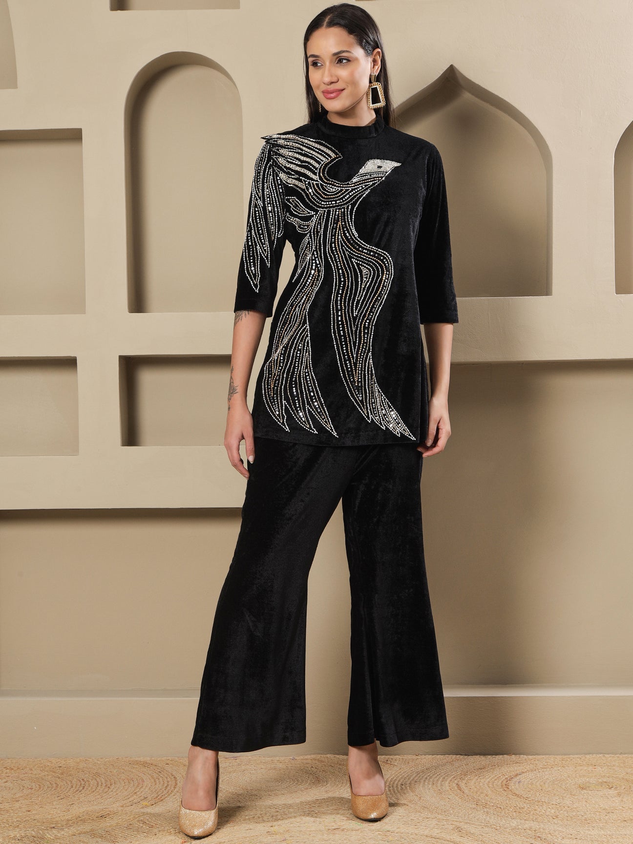 Designer Partywear Black Velvet Hand-Embellished Eagle Motif Shirt With Bell-Bottom Pants
