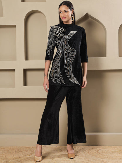 Designer Partywear Black Velvet Hand-Embellished Eagle Motif Shirt With Bell-Bottom Pants