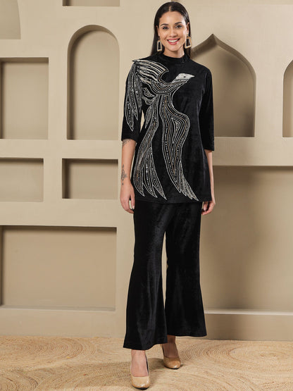 Designer Partywear Black Velvet Hand-Embellished Eagle Motif Shirt With Bell-Bottom Pants
