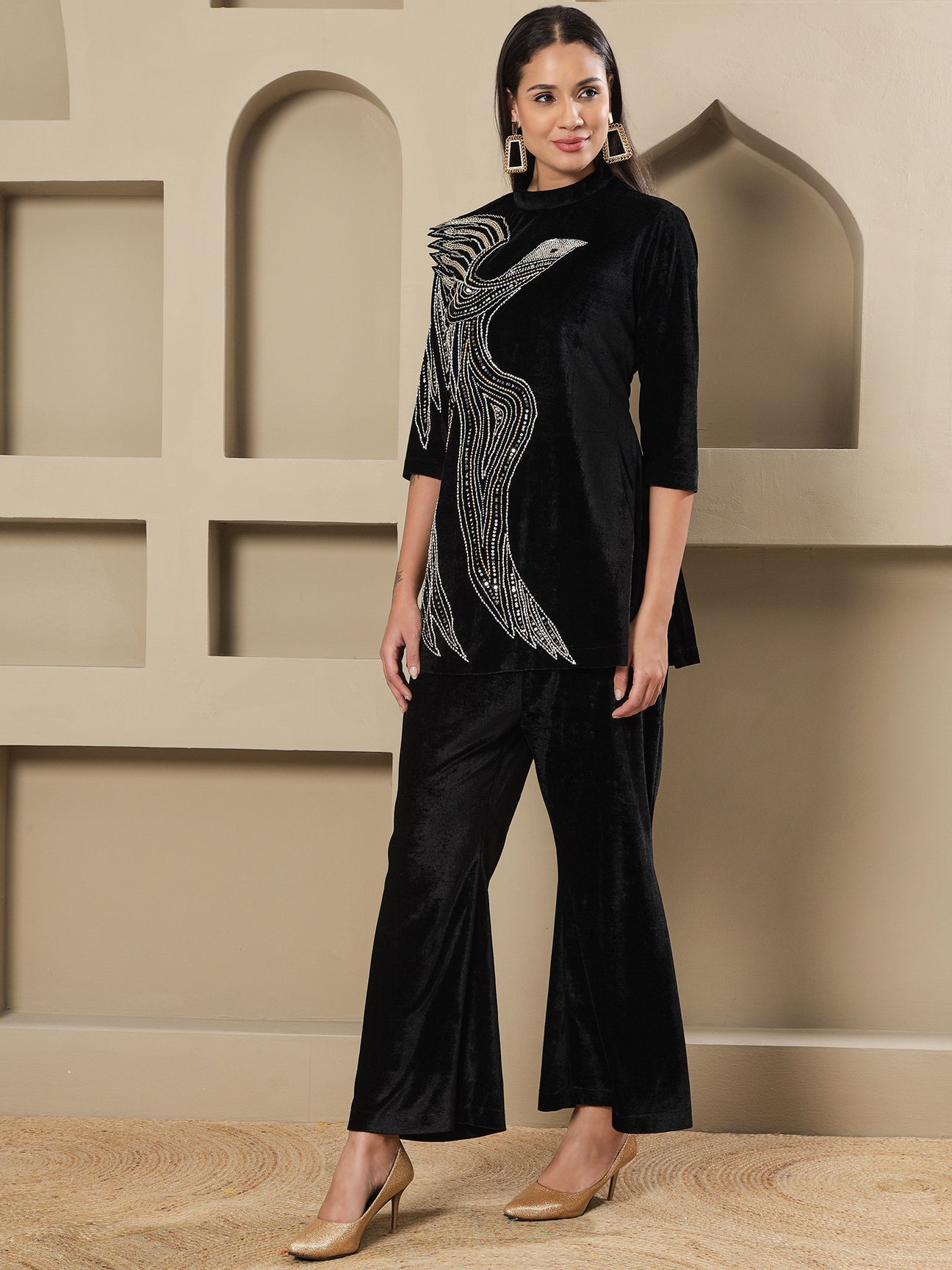 Designer Partywear Black Velvet Hand-Embellished Eagle Motif Shirt With Bell-Bottom Pants