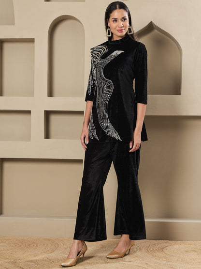 Designer Partywear Black Velvet Hand-Embellished Eagle Motif Shirt With Bell-Bottom Pants