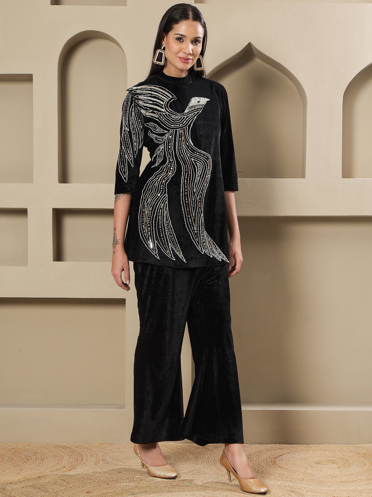 Designer Partywear Black Velvet Hand-Embellished Eagle Motif Shirt With Bell-Bottom Pants