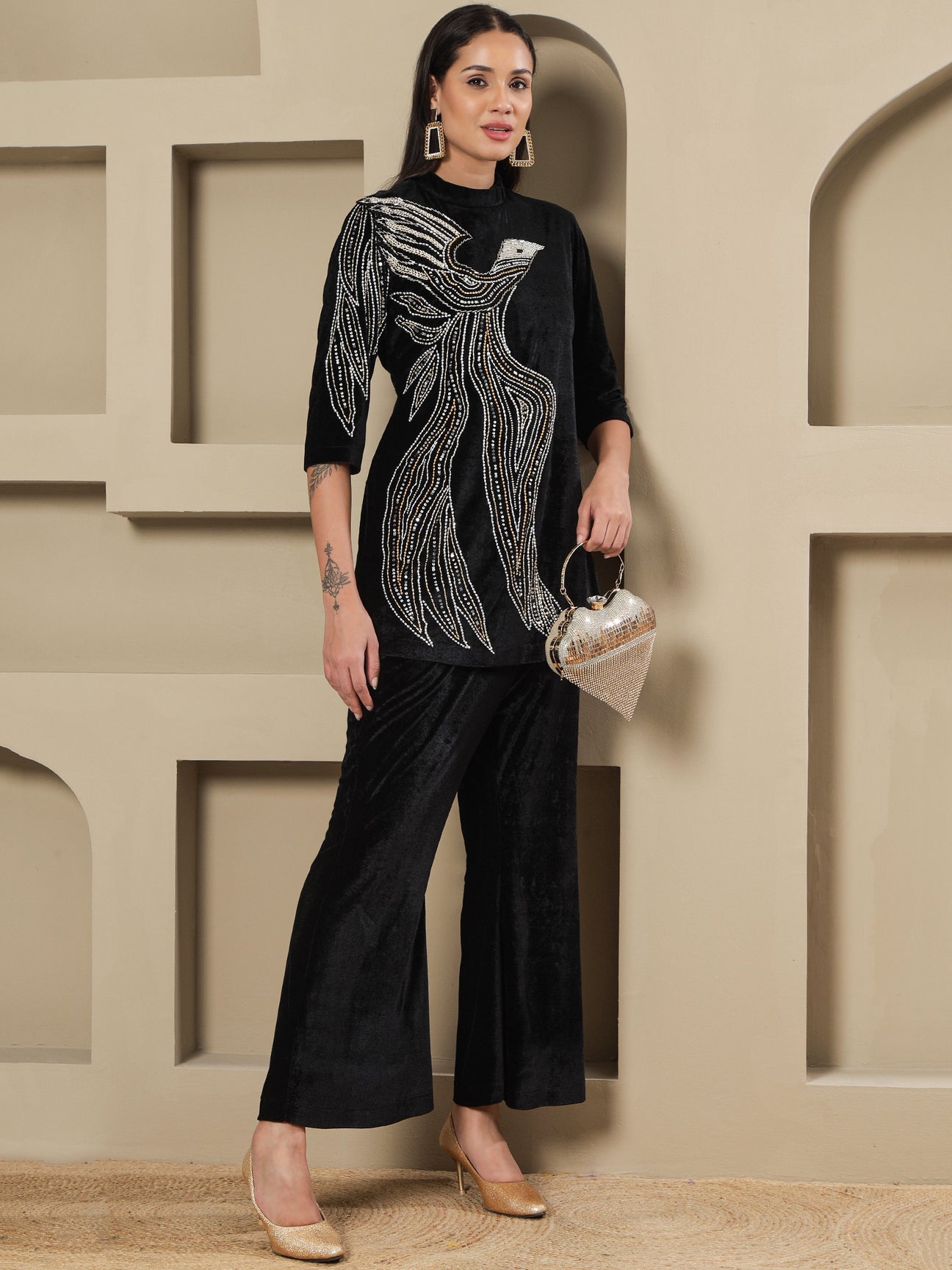 Designer Partywear Black Velvet Hand-Embellished Eagle Motif Shirt With Bell-Bottom Pants