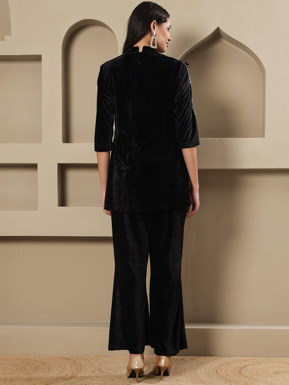 Designer Partywear Black Velvet Hand-Embellished Eagle Motif Shirt With Bell-Bottom Pants