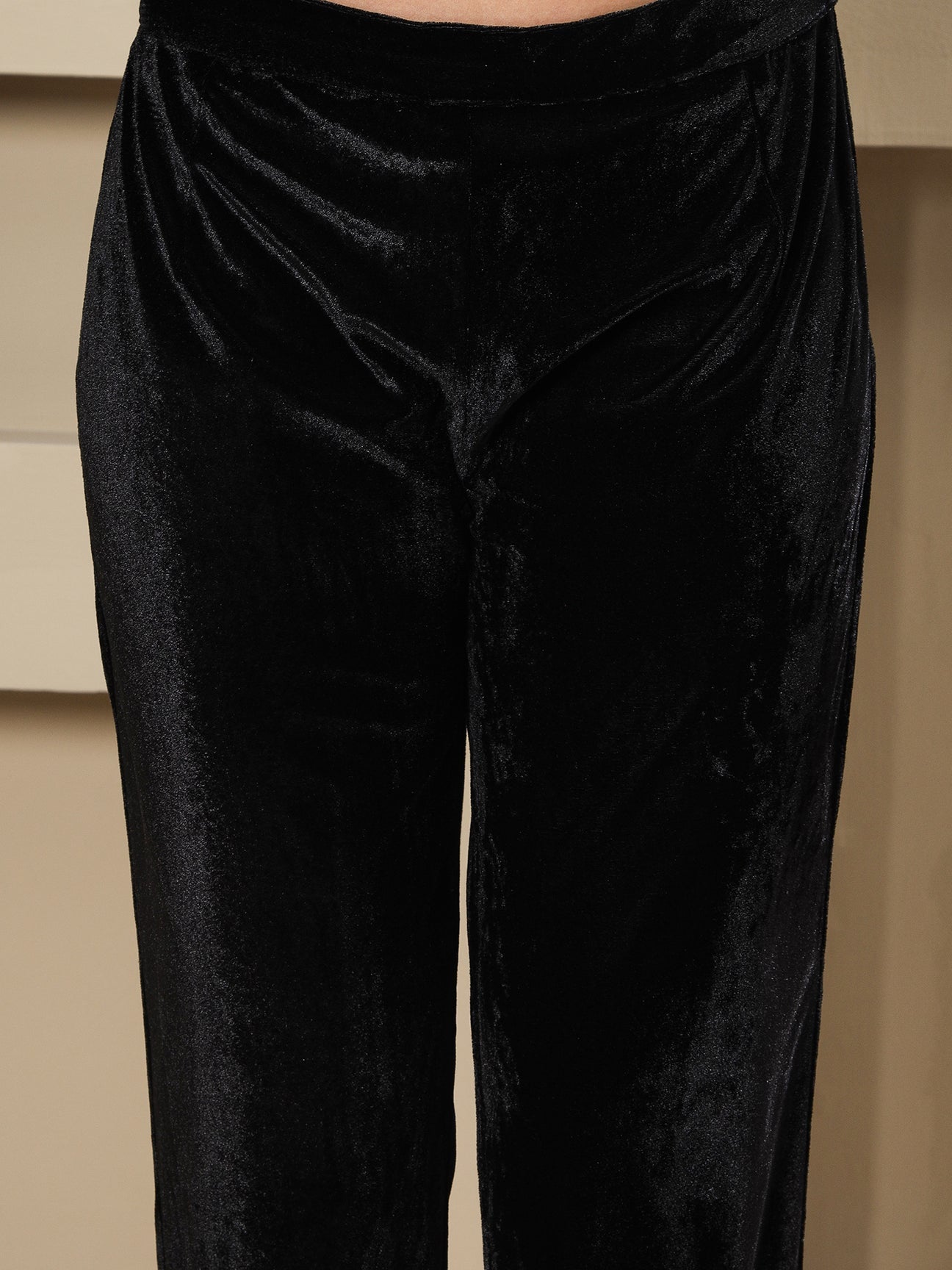 Designer Partywear Black Velvet Hand-Embellished Eagle Motif Shirt With Bell-Bottom Pants