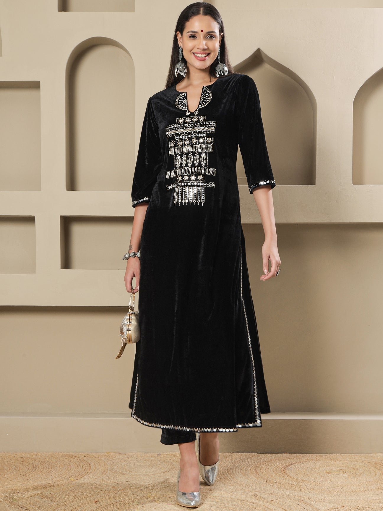 Designer Partywear Black Velvet Hand-Embellished Long Straight Shirt With Pants