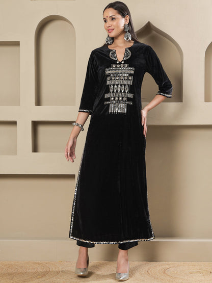 Designer Partywear Black Velvet Hand-Embellished Long Straight Shirt With Pants
