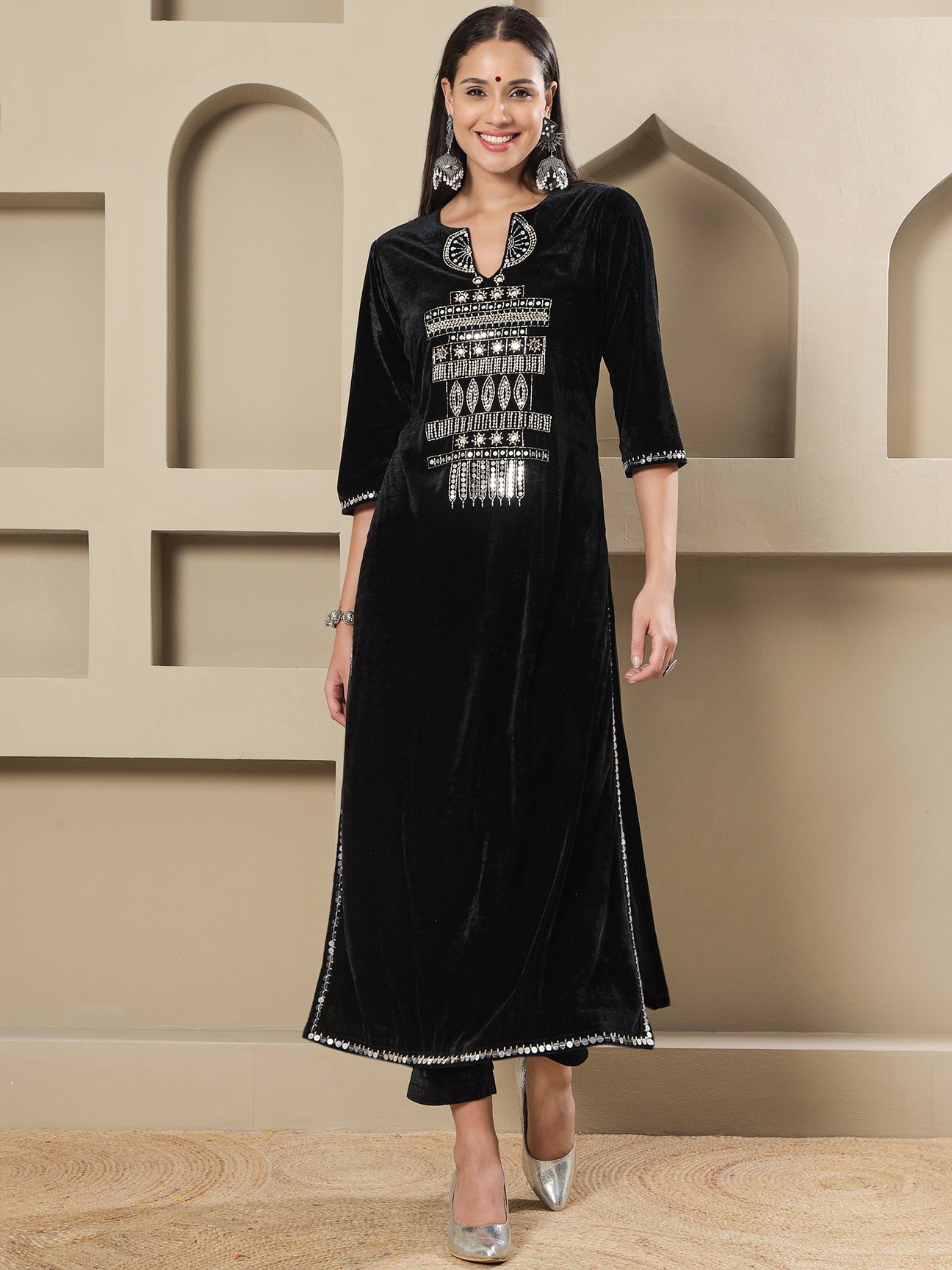 Designer Partywear Black Velvet Hand-Embellished Long Straight Shirt With Pants