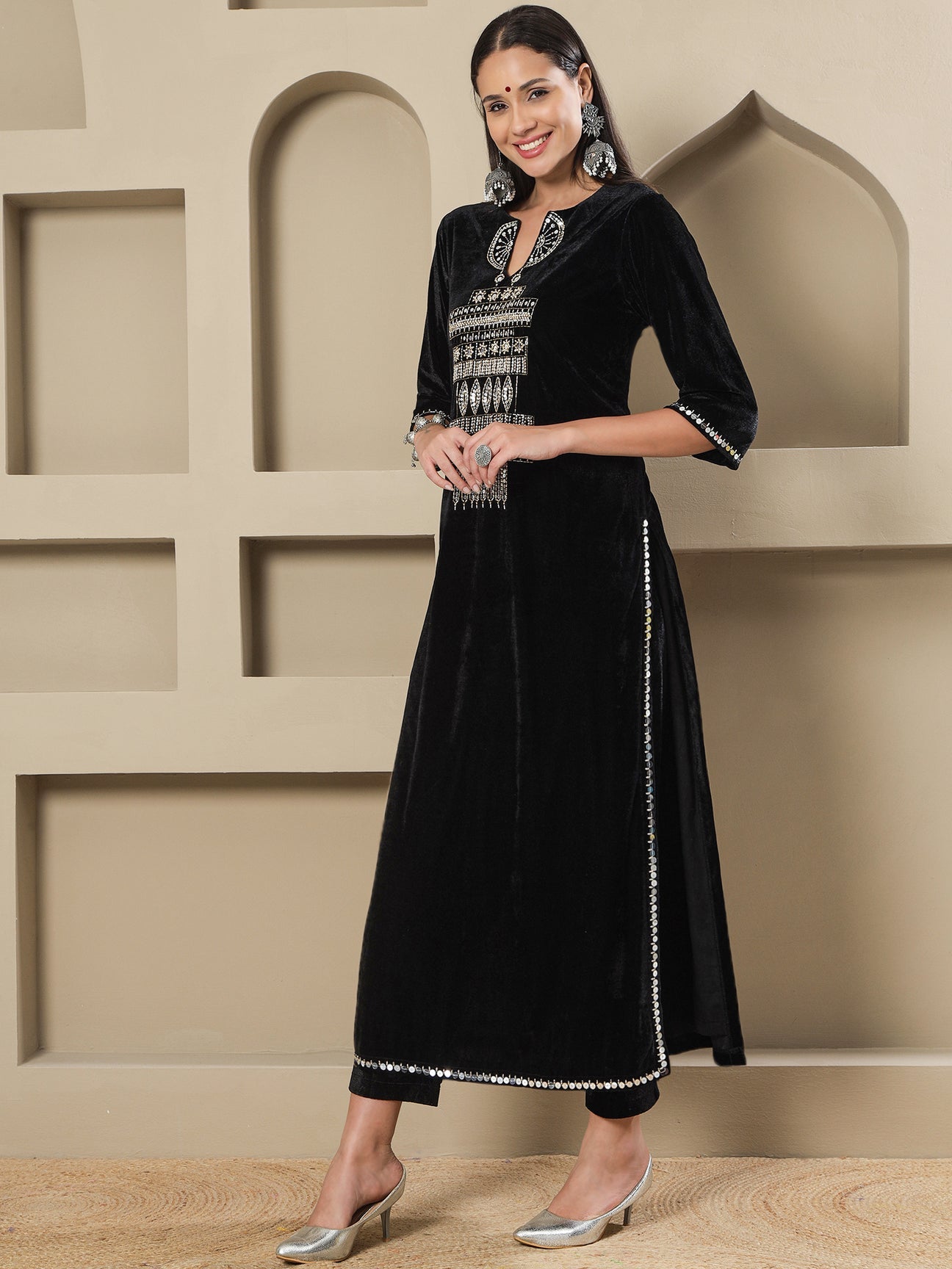 Designer Partywear Black Velvet Hand-Embellished Long Straight Shirt With Pants