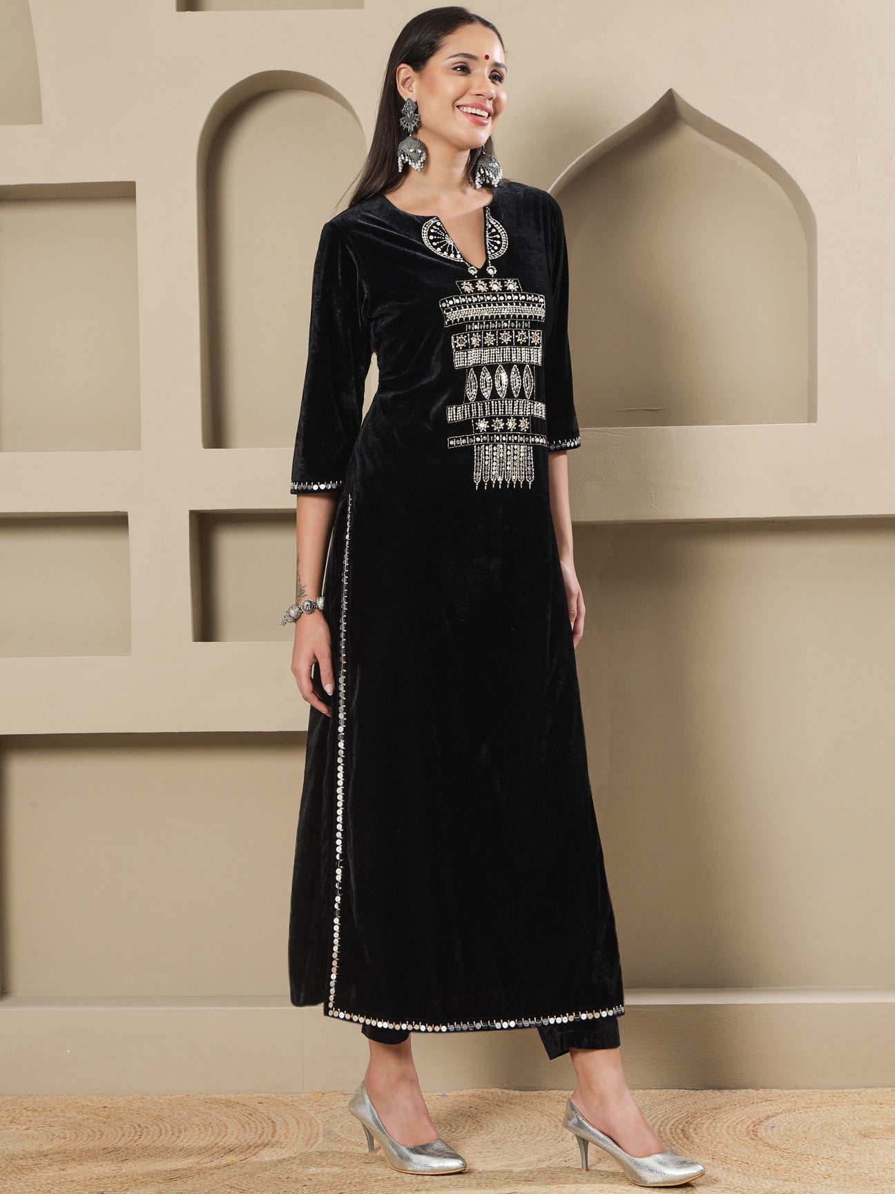 Designer Partywear Black Velvet Hand-Embellished Long Straight Shirt With Pants