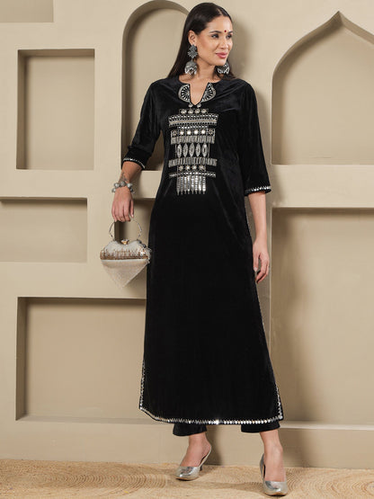 Designer Partywear Black Velvet Hand-Embellished Long Straight Shirt With Pants