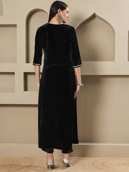 Designer Partywear Black Velvet Hand-Embellished Long Straight Shirt With Pants