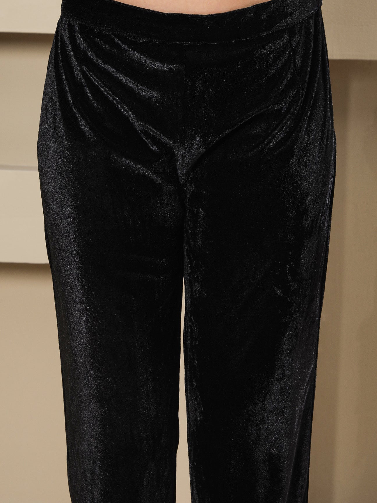 Designer Partywear Black Velvet Hand-Embellished Long Straight Shirt With Pants