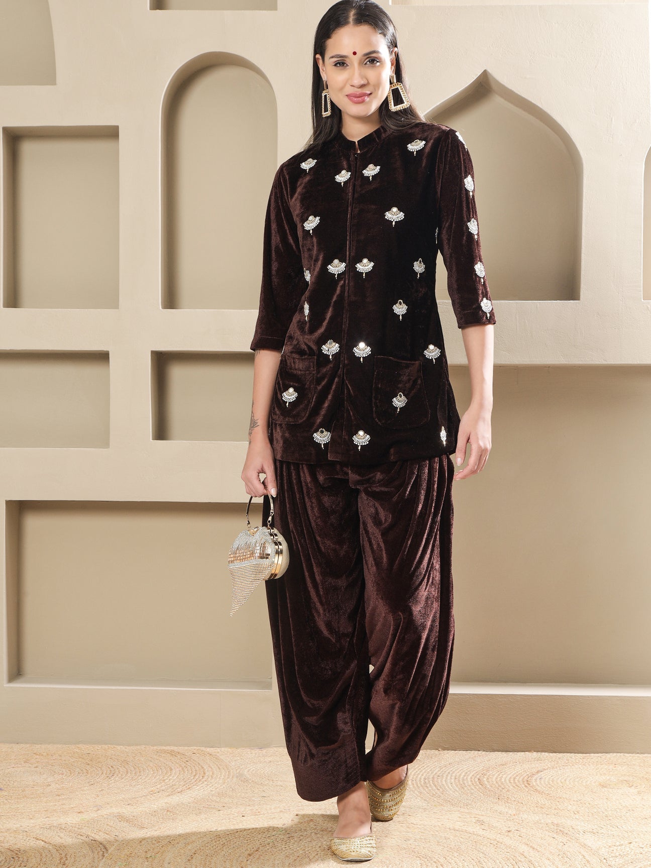Designer Partywear Brown Velvet Hand-Embellished Shirt With Farshi Salwar