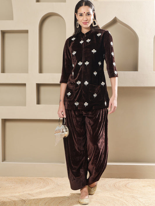 Designer Partywear Brown Velvet Hand-Embellished Shirt With Farshi Salwar