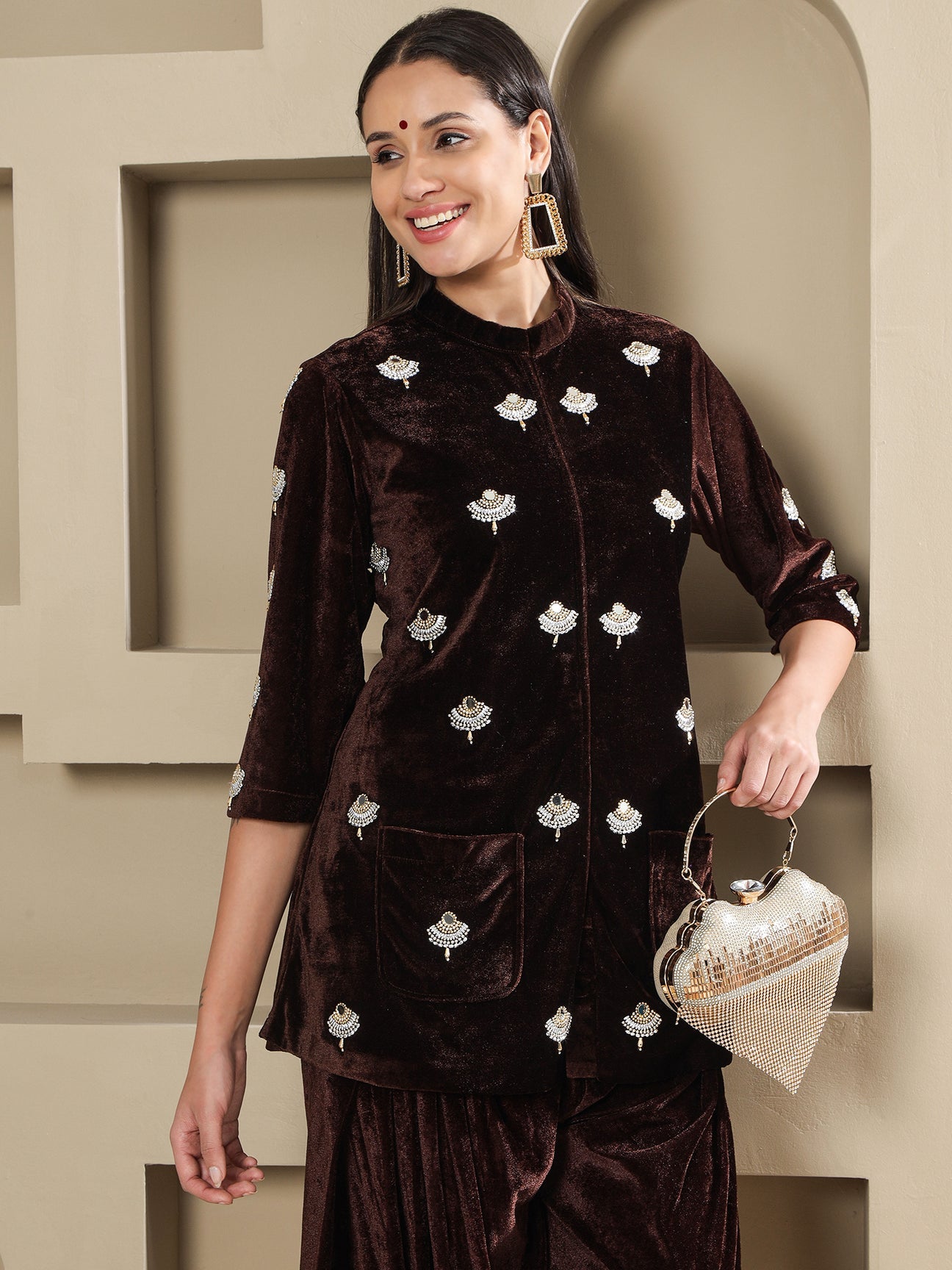 Designer Partywear Brown Velvet Hand-Embellished Shirt With Farshi Salwar