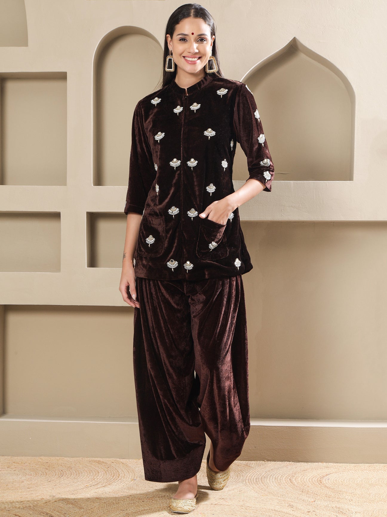 Designer Partywear Brown Velvet Hand-Embellished Shirt With Farshi Salwar